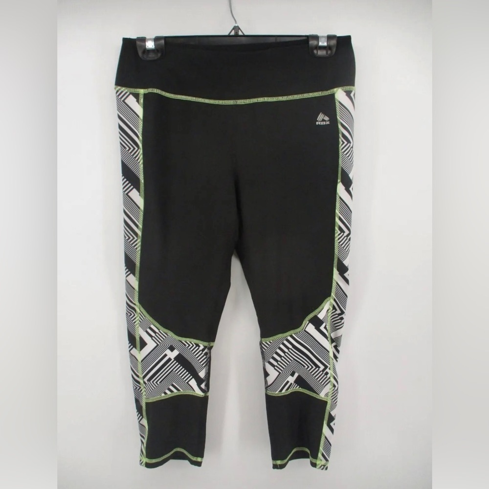 RBX, HIGH RISE CAPRI EXERCISE LEGGINGS. BLACK, WHITE & GREEN. SIZE L